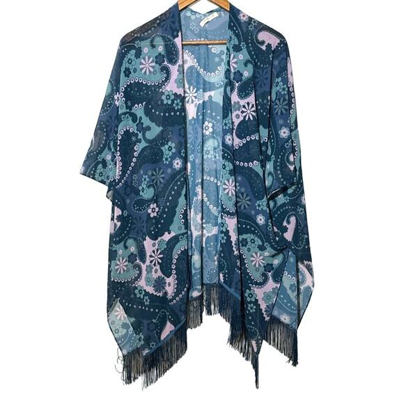 Urban Outfitters Kimono Womens One Size Blue and Purple Floral & Tassel Fringe - Picture 2 of 4